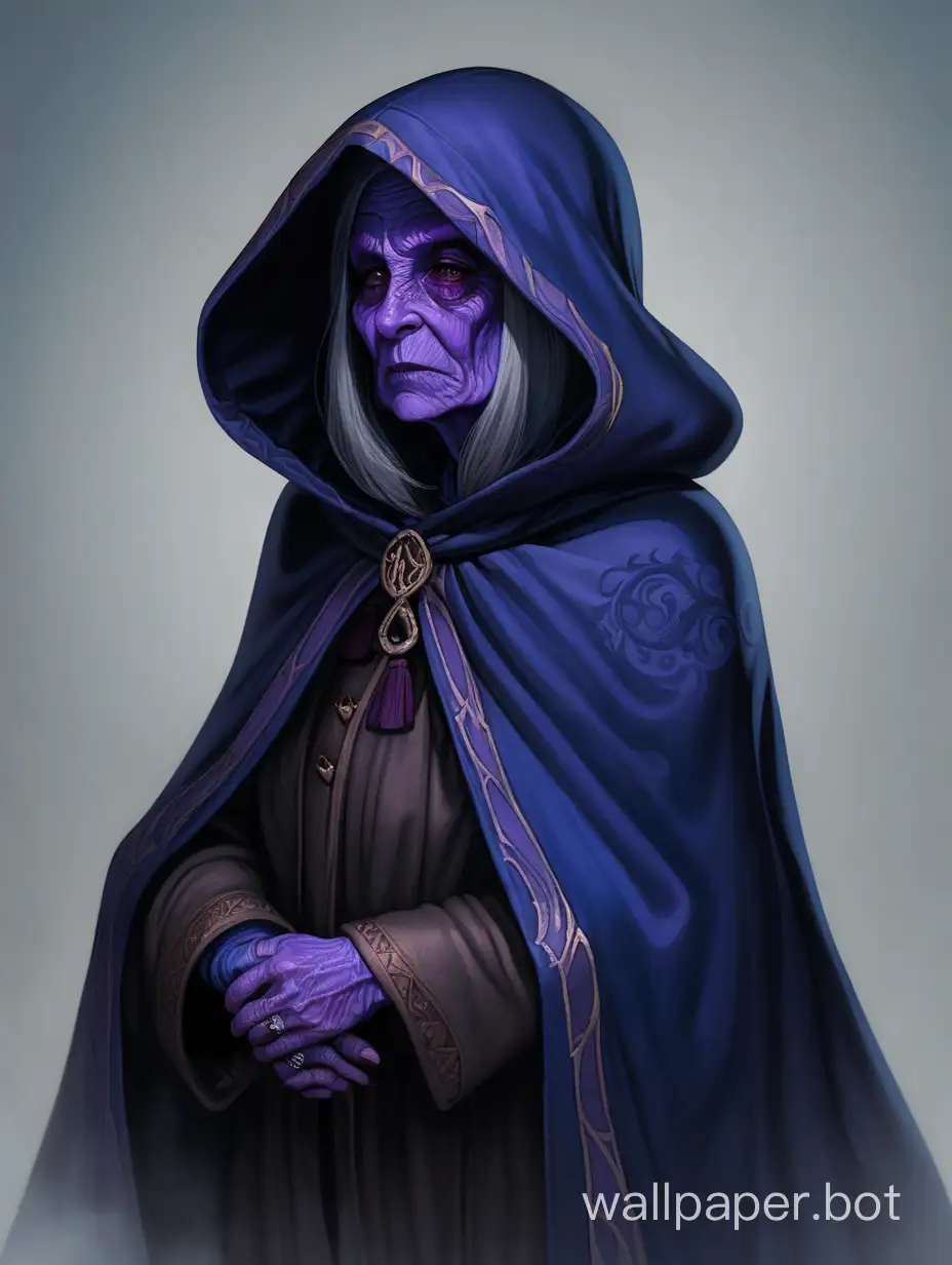 an old woman with purple skin, in a dark blue cloak with a hood