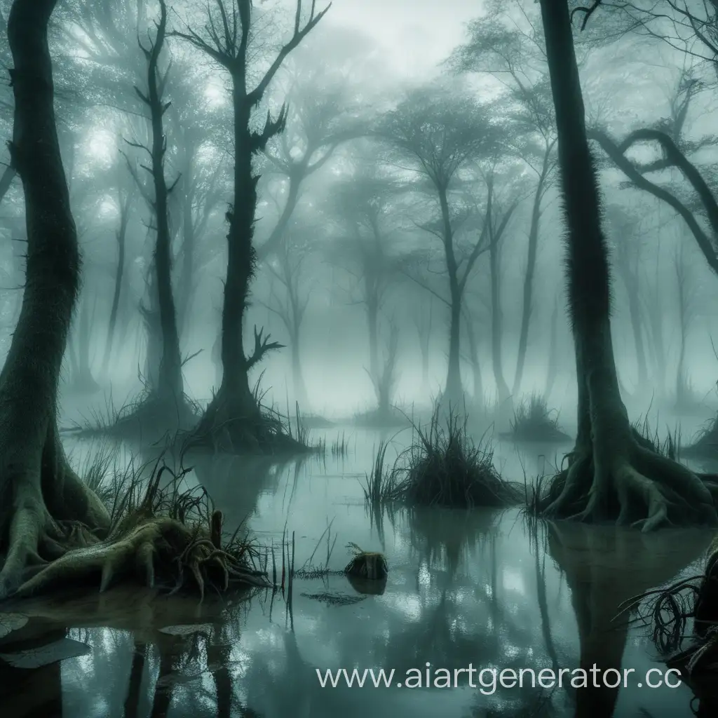 a misty swamp forest where the witch lives with a grave