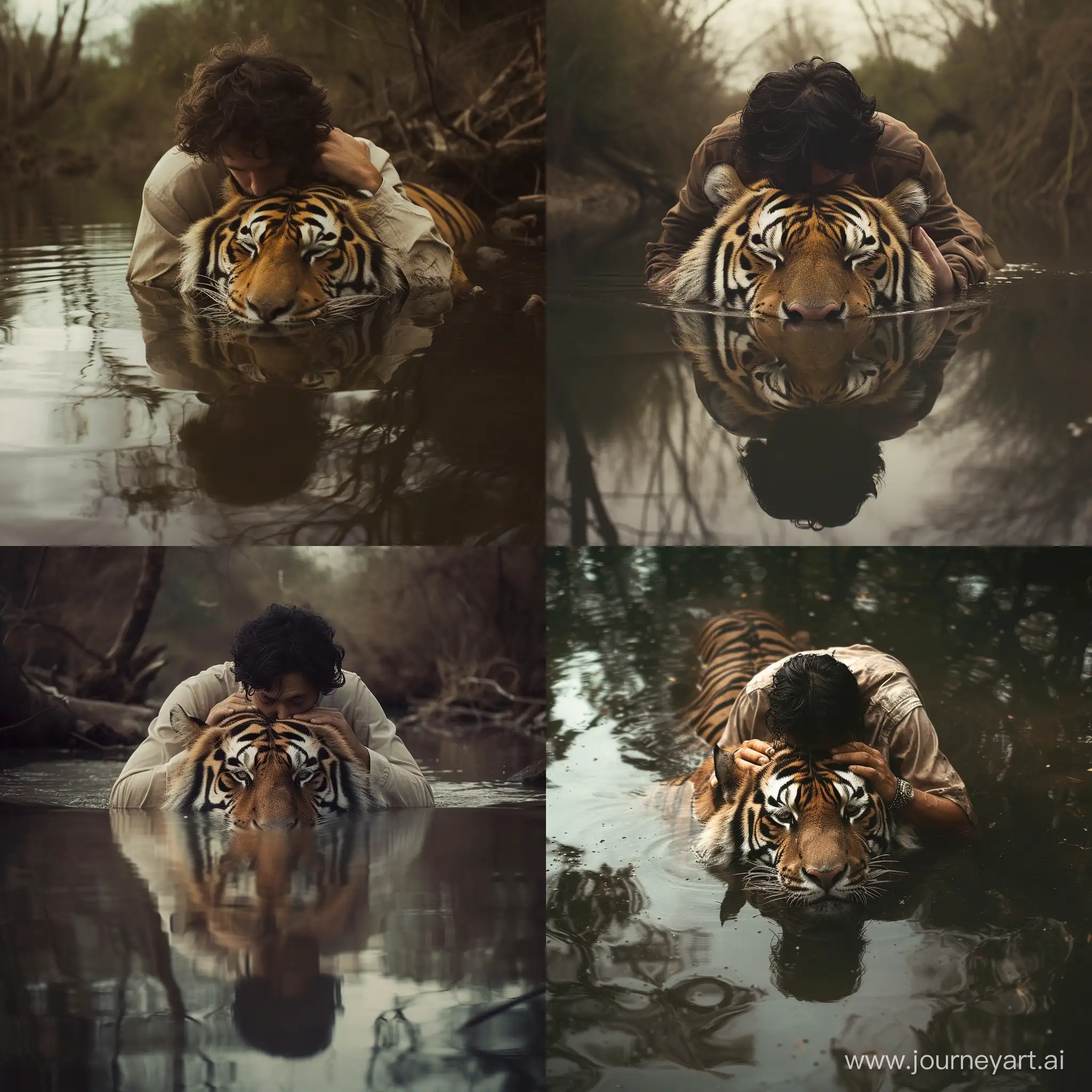 Man with tiger inside river The man places his head on the tiger's head with reflections on the river