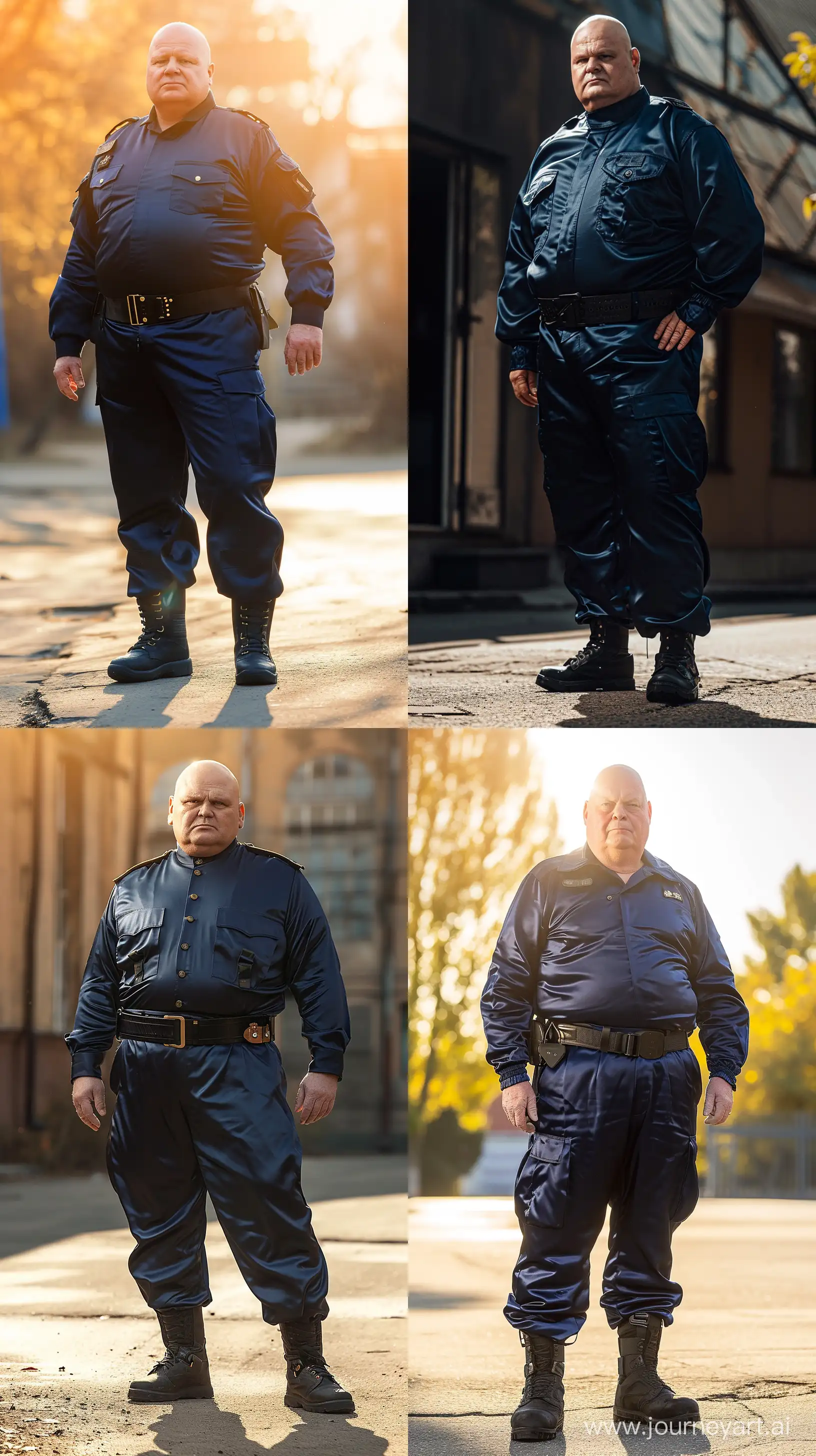 Fashion photo of a chubby men aged 70 wearing navy silky military uniforms. Black tactical belt and boots. Direct Sunlight. Bald. Clean Shaven. Outside. --style raw --ar 9:16 --v 6