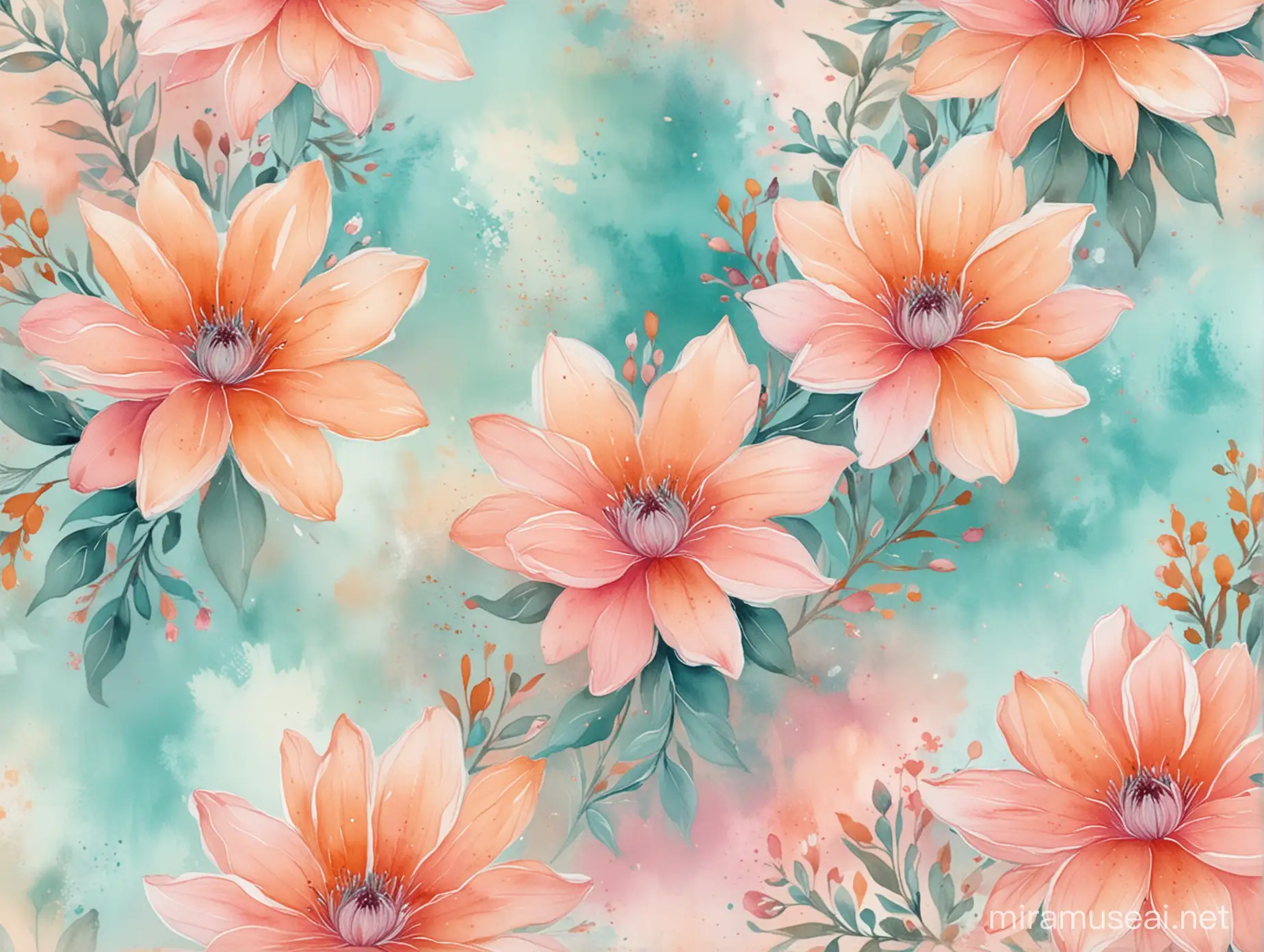 Floral Watercolor Art Smudged Pink Orange and Teal Flowers on Pastel Background