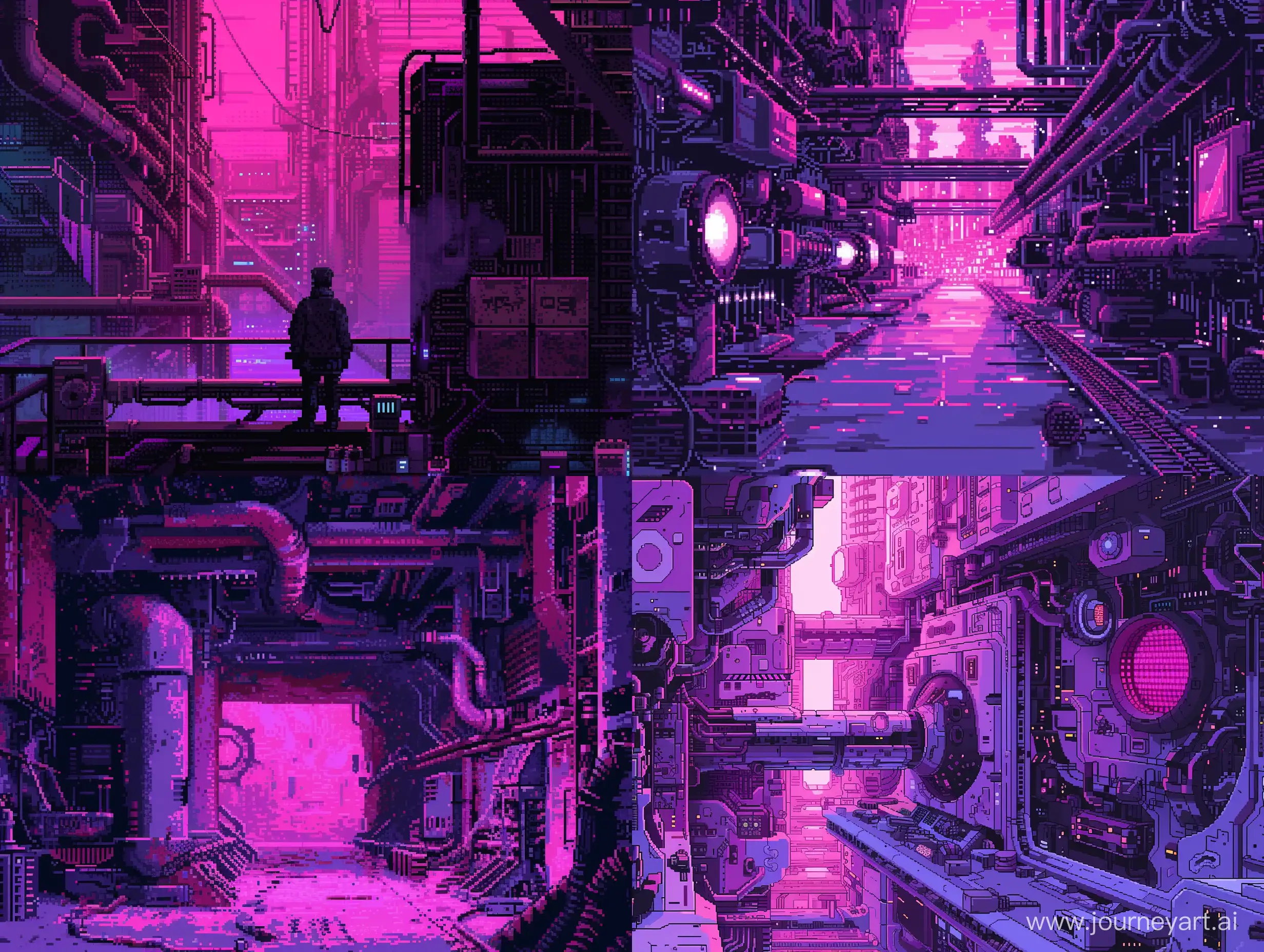 Futuristic-Cyberpunk-Cityscape-in-Dominant-Purple-and-Pink-Pixel-Art