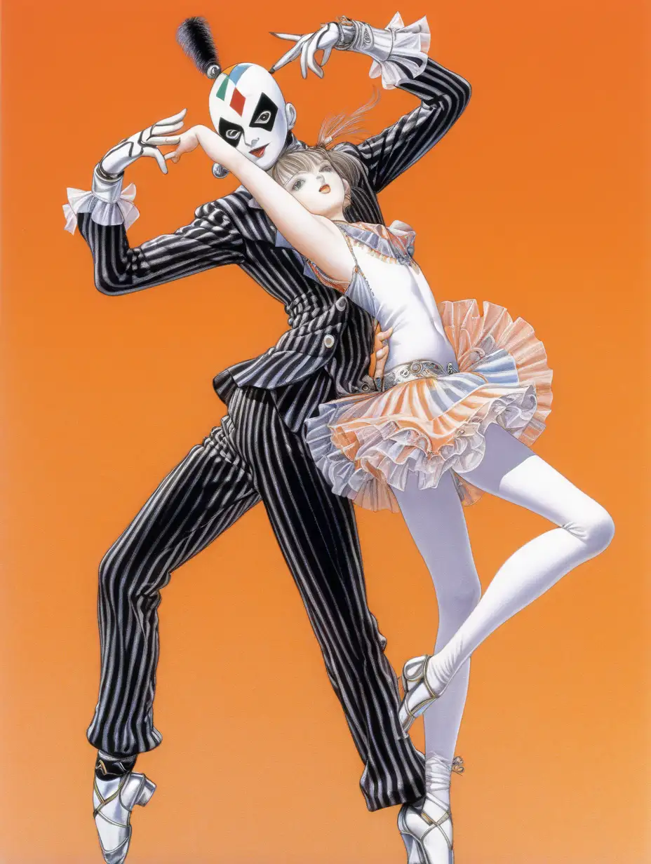Ilustracion tenbrosa de Takeshi Obata, un arlequin y una bailarina bailando en un fondo naranja. 