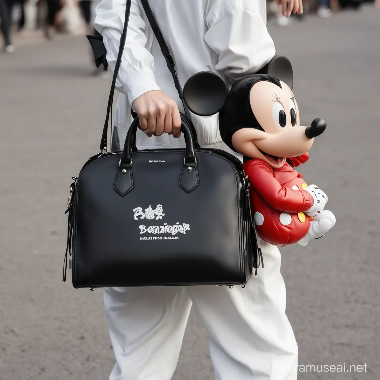 Brazo de mickey mouse cargando un bolso balenciaga