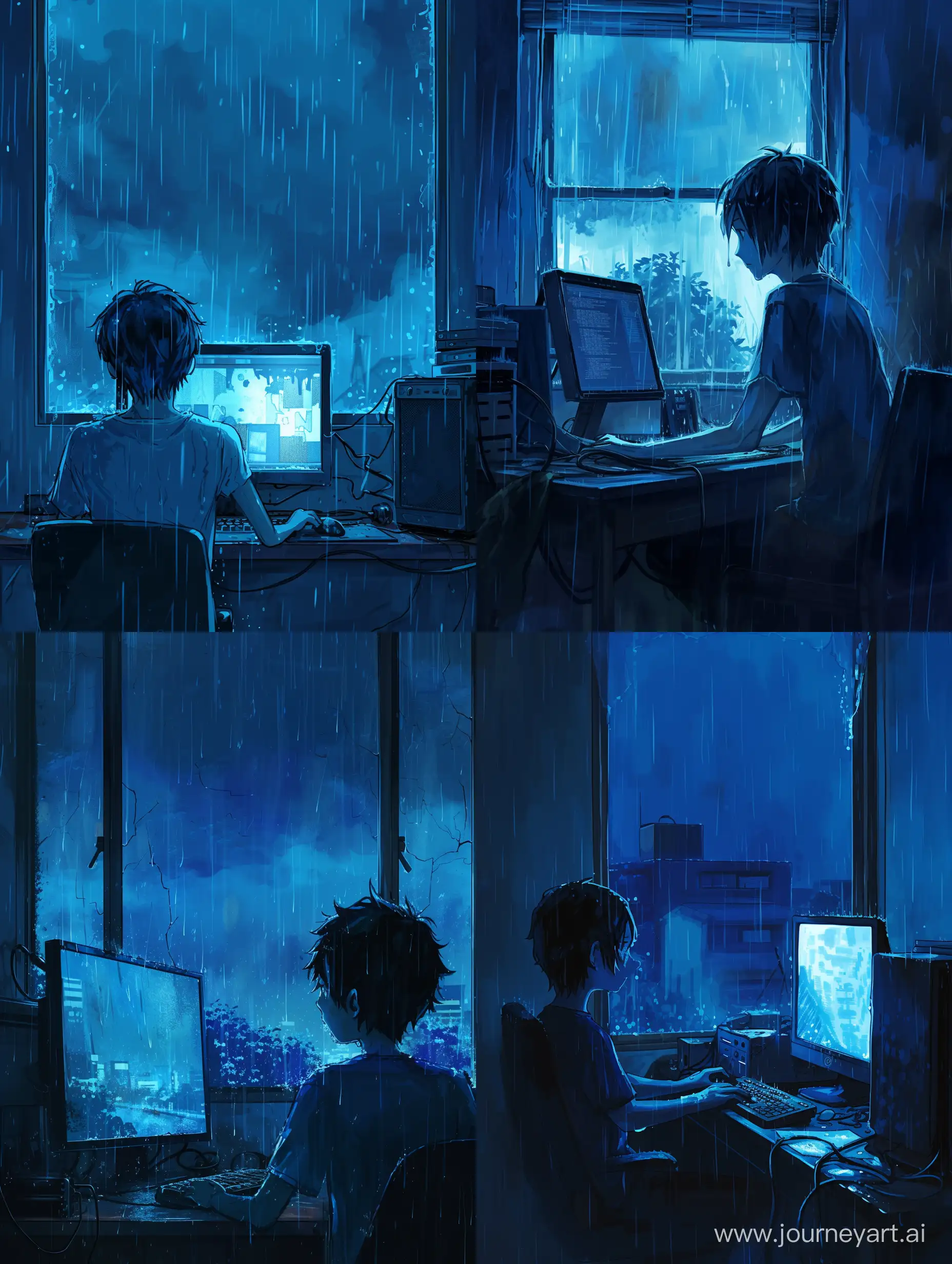 anime style, boy 16 years old and computer, despair, rain outside the window, blue tones, dark room.