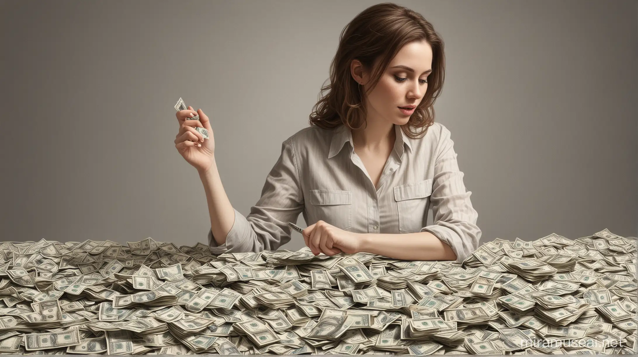 Wealthy Woman Counting Piles of Cash