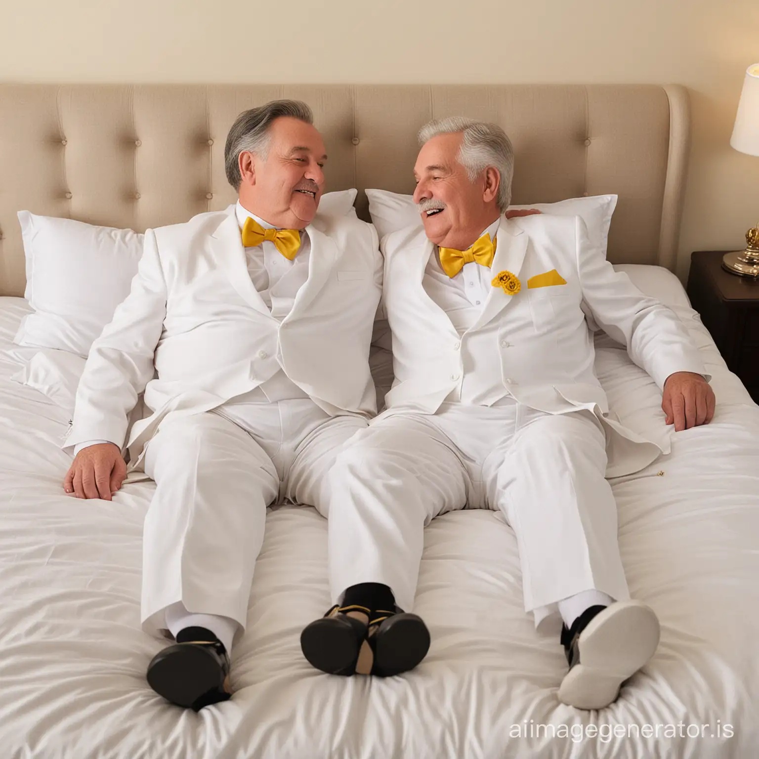 Two American chubby elderly men, both 80 years old, shot height, wearing white suits, yellow bowties, black socks, black loafers, black hair, laying on a bed in the bedroom, fondling and kissing, full body shot, must show face