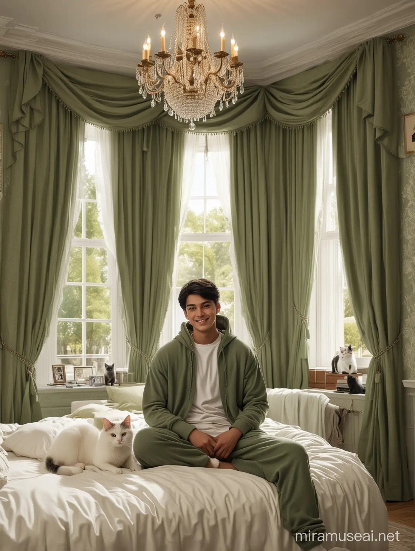 Luxurious Bedroom Portrait Handsome 18YearOld Man with Black Hair and White Cat