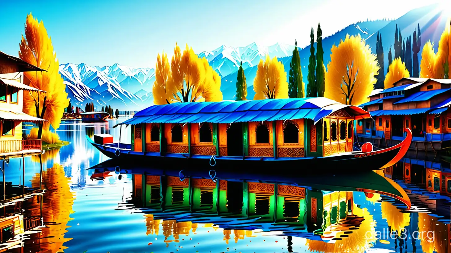 kashmiri house boat ,traditional ,bright ,ultra realistic ,clear ,water reflecting ,sunlight