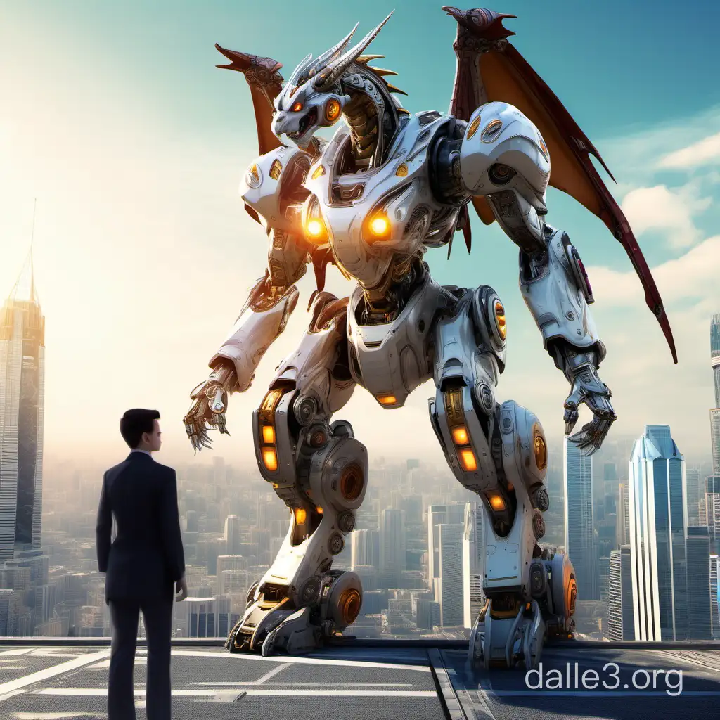 Detailed photo: Full-length anthropomorphic dragon mech and its pilot, artstation, human pose, mechanical robot wings, glowing eyes, pilot: small, young girl in a suit, controls a robot mech, against the background of a futuristic sunny city, fiction, interaction, hyperdetalization, photorealism, anti-drop