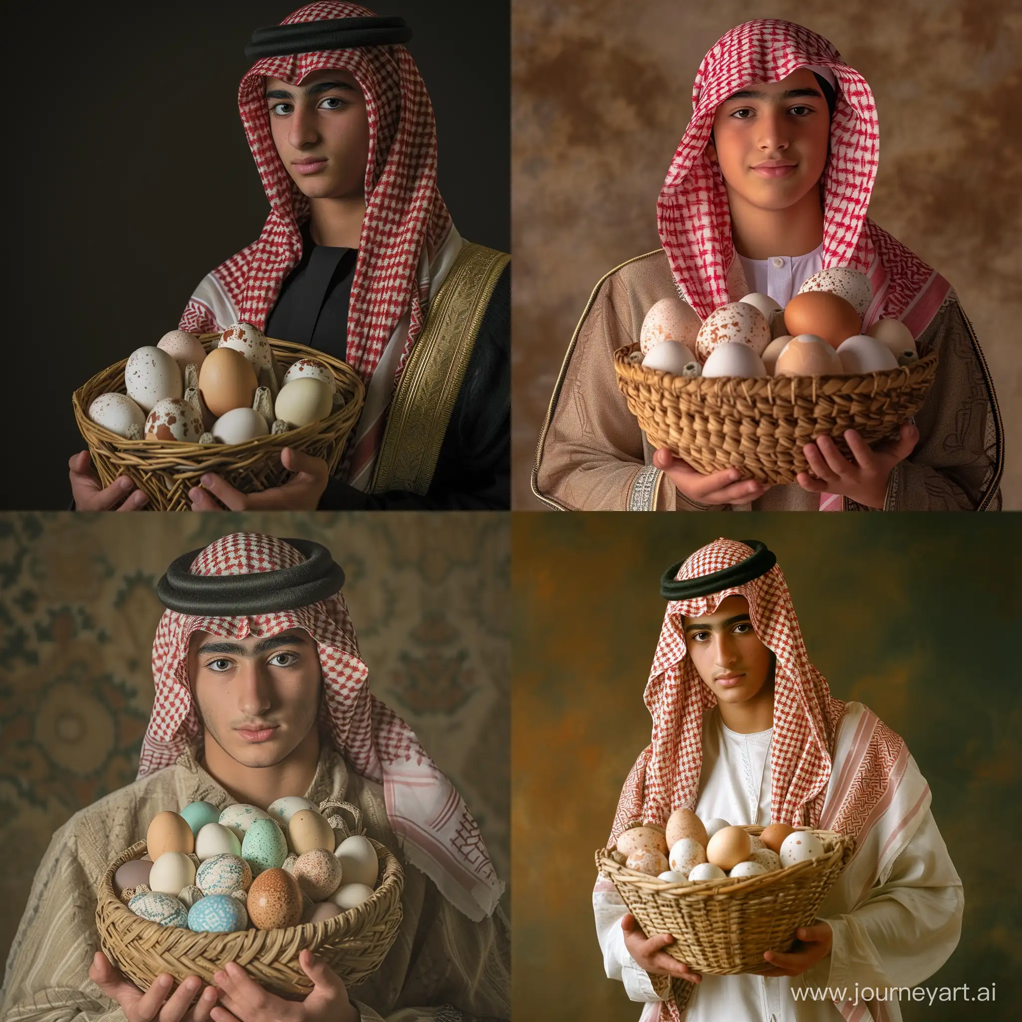 Real and natural photo of a young man in Arabic dress holding a basket of eggs. Full details of the egg basket and the young man's face. The egg basket is in the middle of the picture.