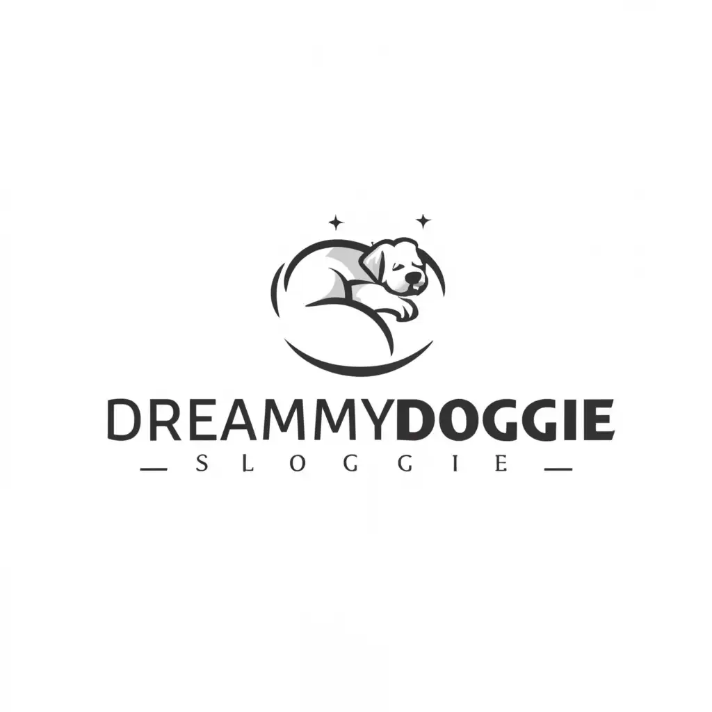 a logo design,with the text "DreammyDoggie", main symbol:a Schnauzer sleeping on a comfortable bed , nestled within a cloud.,Minimalistic,be used in Animals Pets industry,clear background