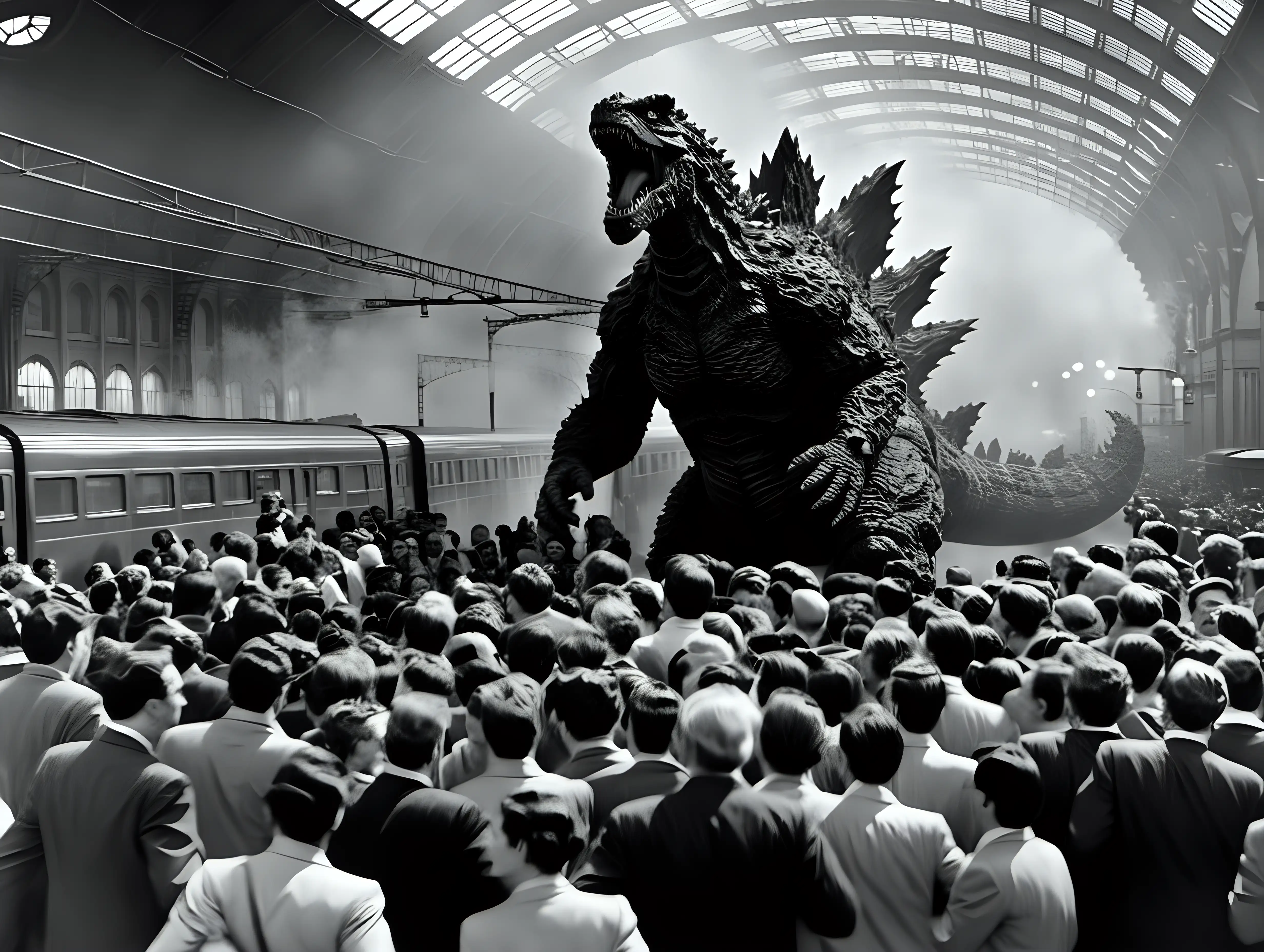 Panicked Commuters Escaping Godzilla Chaos at London Railway Station