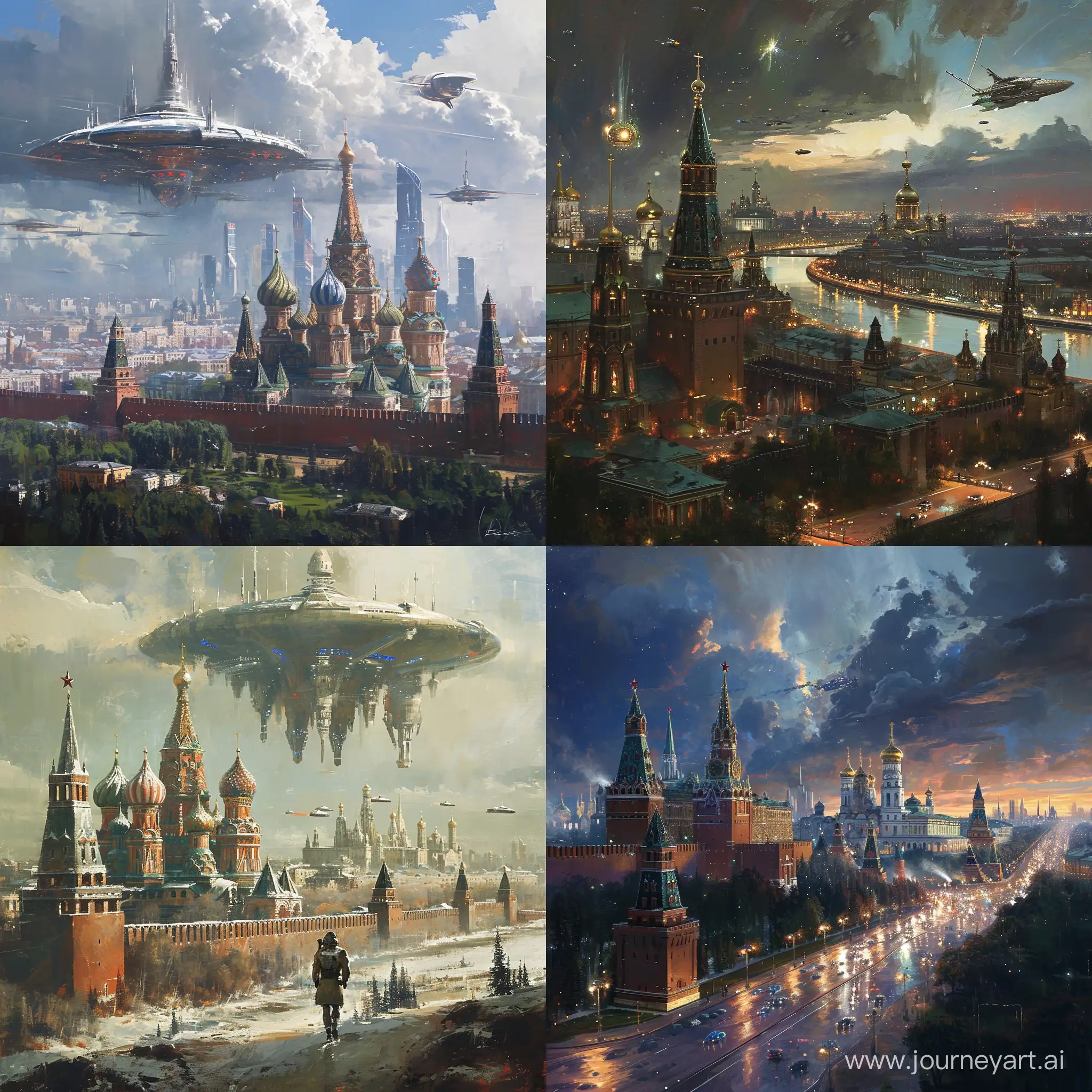 Futuristic Moscow, science fiction by ashley wood and thomas kinkade, artstation trending --v 6