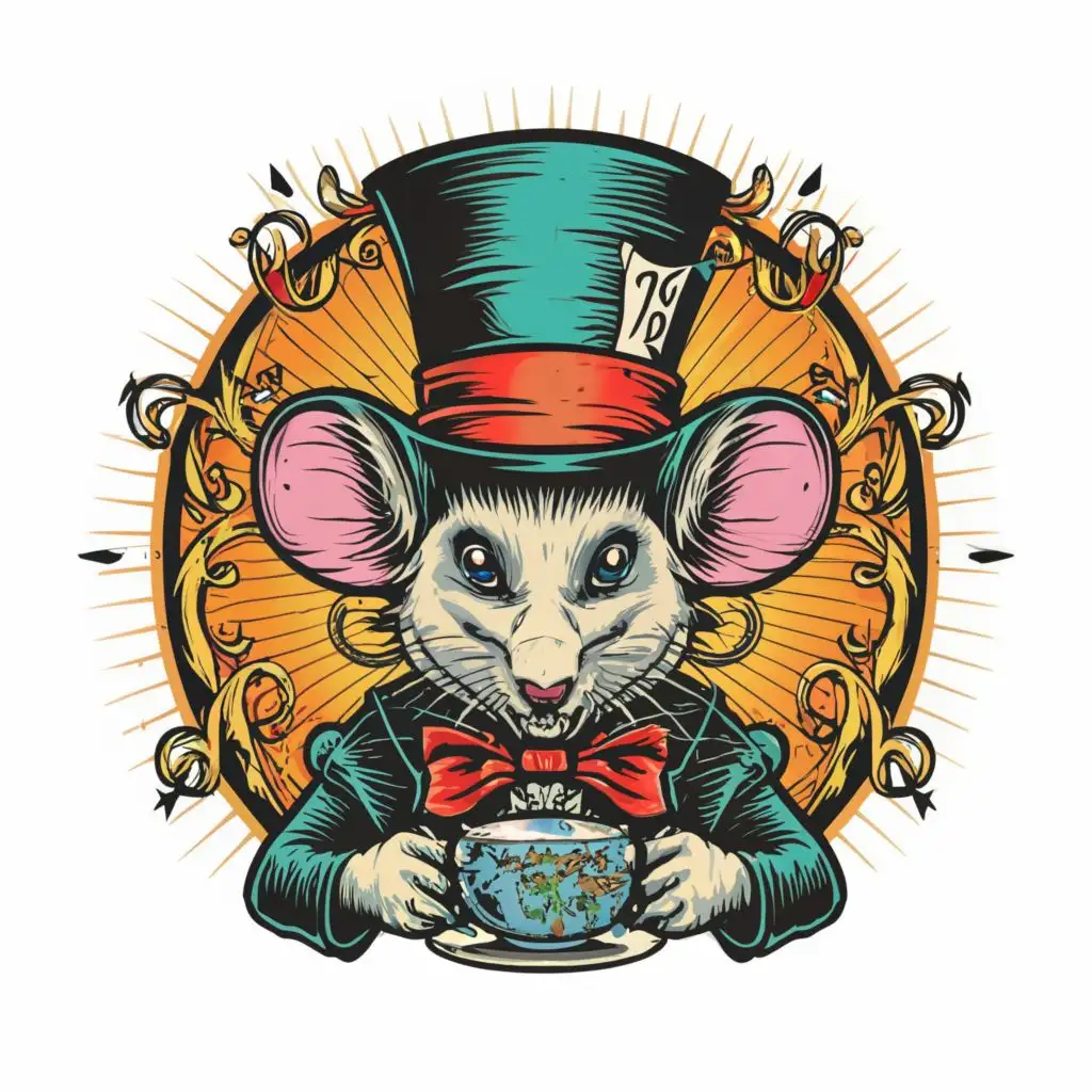 logo, logo, t-shirt vector design with a white background a portrait of a mouse as The Mad Hatter, surreal masterpiece, magic vibrant colors, high detail, detailed cosmic background,    Contour, Vector, , no words, ultra Detailed, ultra sharp narrow outlined image, no jagged edges, vibrant neon colors, typography, , with the text ".", typography