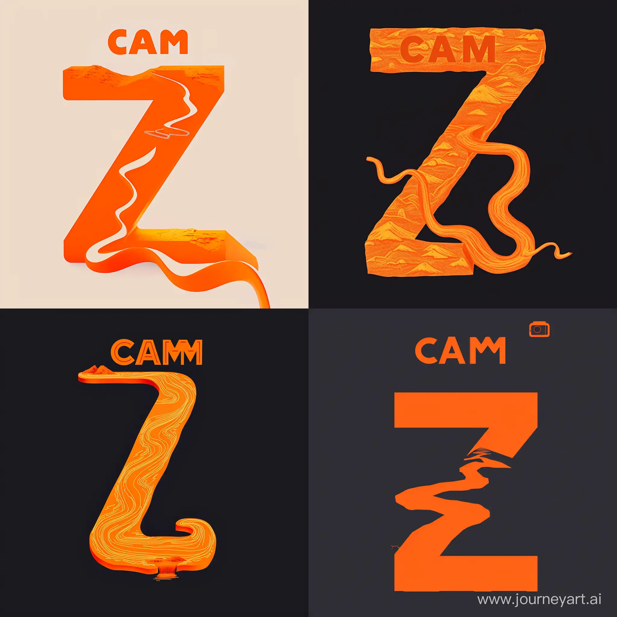 Generate an image with an orange letter Z where the end of the letter turns into a meandering river in orange, and above the river there is an orange word "CAM"