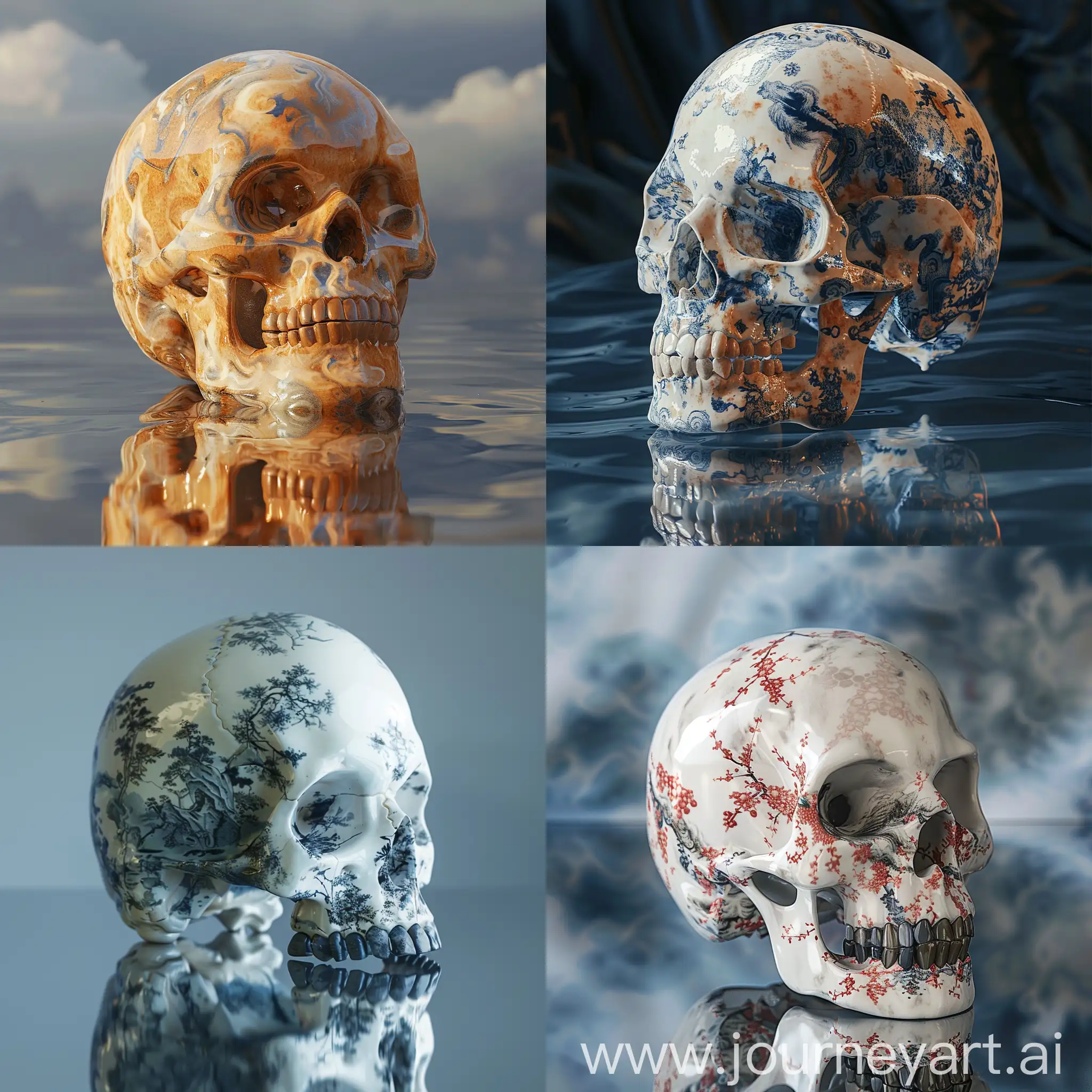 An ultra-realistic image of a Chinese ceramic skull, placed on a reflective surface; ultra-detailed, photorealistic, 16K, ultra-modern cybernetics, ultramodern cybernetics,octane render