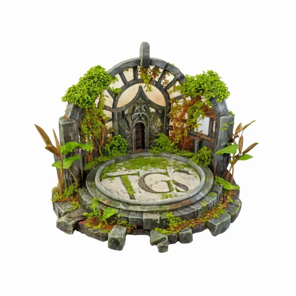 Letter TGS. TGS on a plaque, more like an arena, made of stone, retroscopic 3D, TGS should be easy to read, shinier metal, more moss and greenery, sanctum background, dark background, community, fantasy, RPG, used in the video game industry, diorama