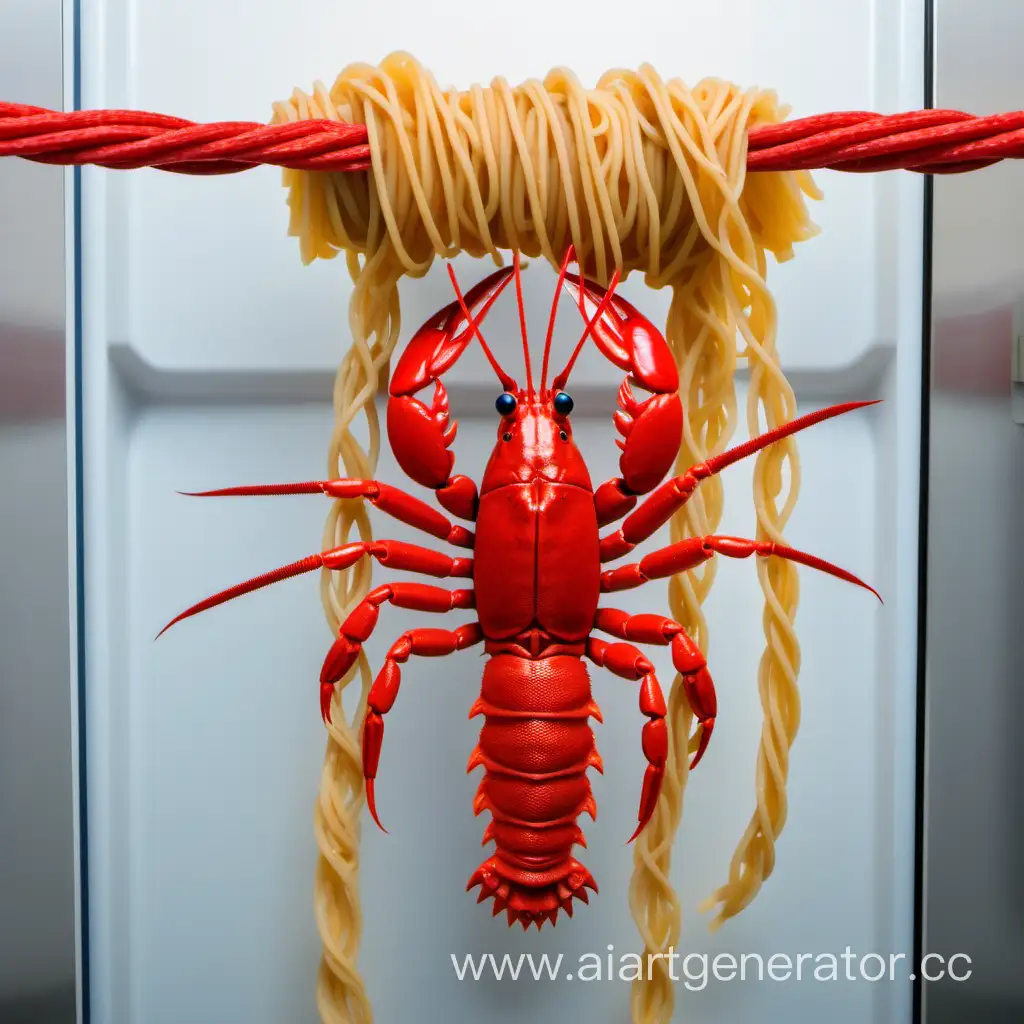 Quirky-Crayfish-Hanging-on-Pasta-Rope-in-Chilled-Storage
