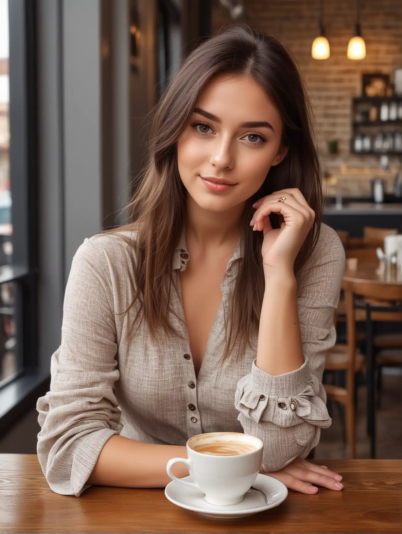 Stylish British Girl in a Chic Cafe Full Body Portrait