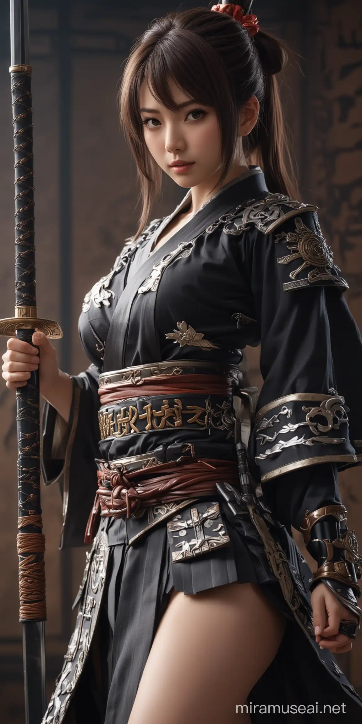 Gadis idol realistis yang sangat cantik, tengu element sexy samurai, background fantasy isekai, fotostudio yang sangat detail, cinematic studio lighting, focused medium shot (3/4 shot) , HD, no eror