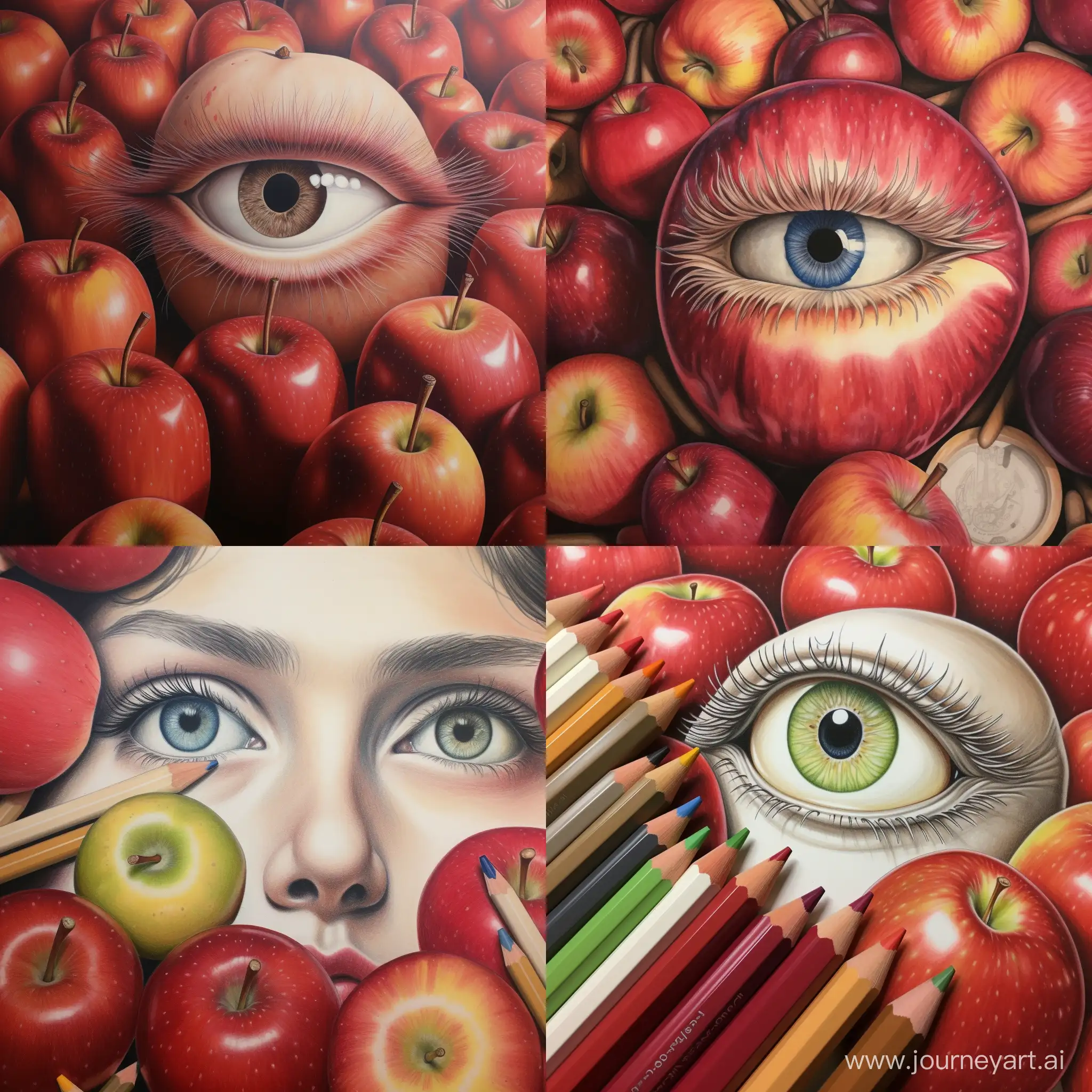 Einen Buntstift mit Augen, im hintergrund schöne rote äpfel
