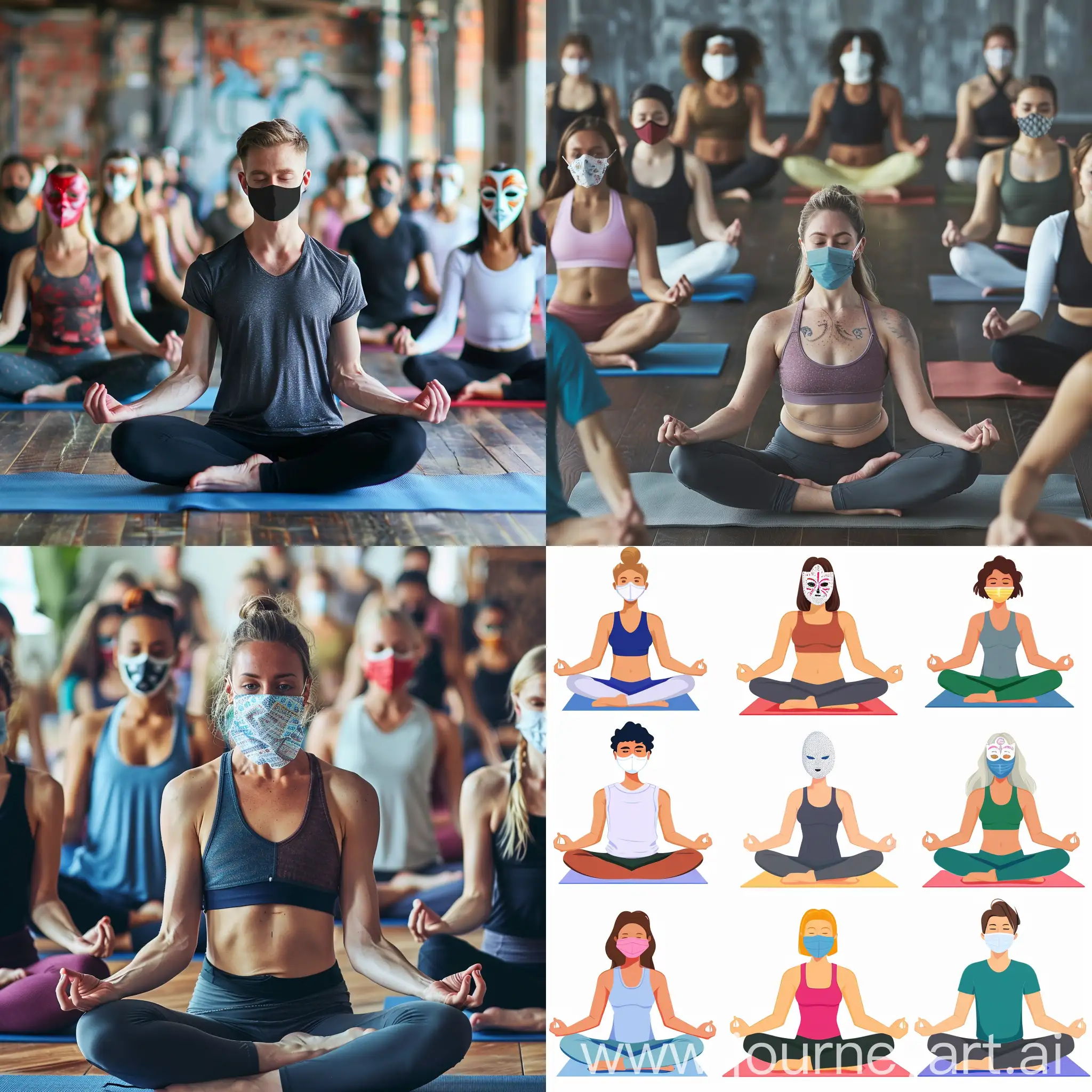 Make people in yoga class in lotus pose and everybody with their masks