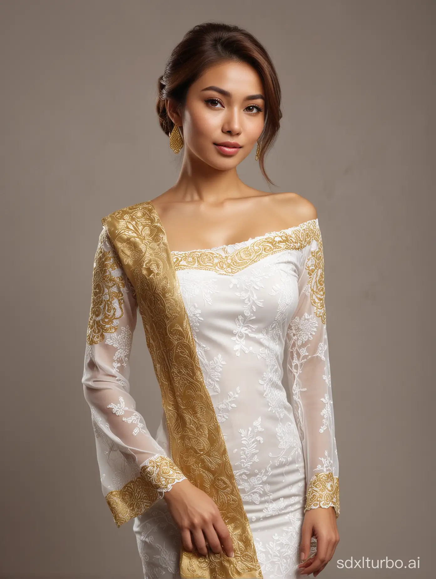 medium brown haired woman, slim body, (small breast), wearing traditional Javanese white kebaya dress, with golden scarf on one shoulder, shoulder less, realistic