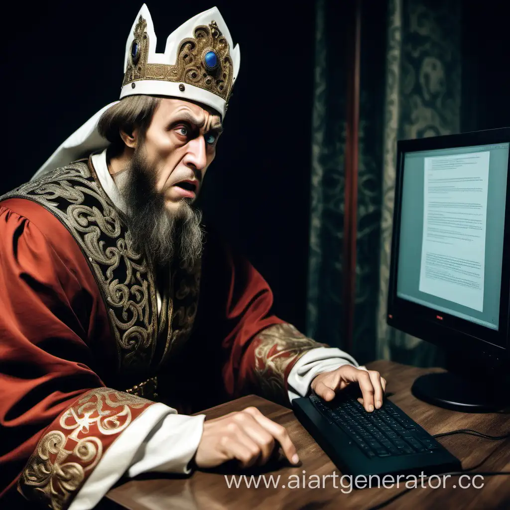 Иван Грозный злой сидит за компьютером и переписывается с Андреем Курбским