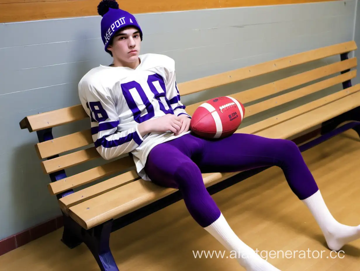 un garçon de 18 ans portant unune maillot de football et des collants violets  et des chaussettes blanches et un bonnet en laine allongé sur un banc dans une salle de sport