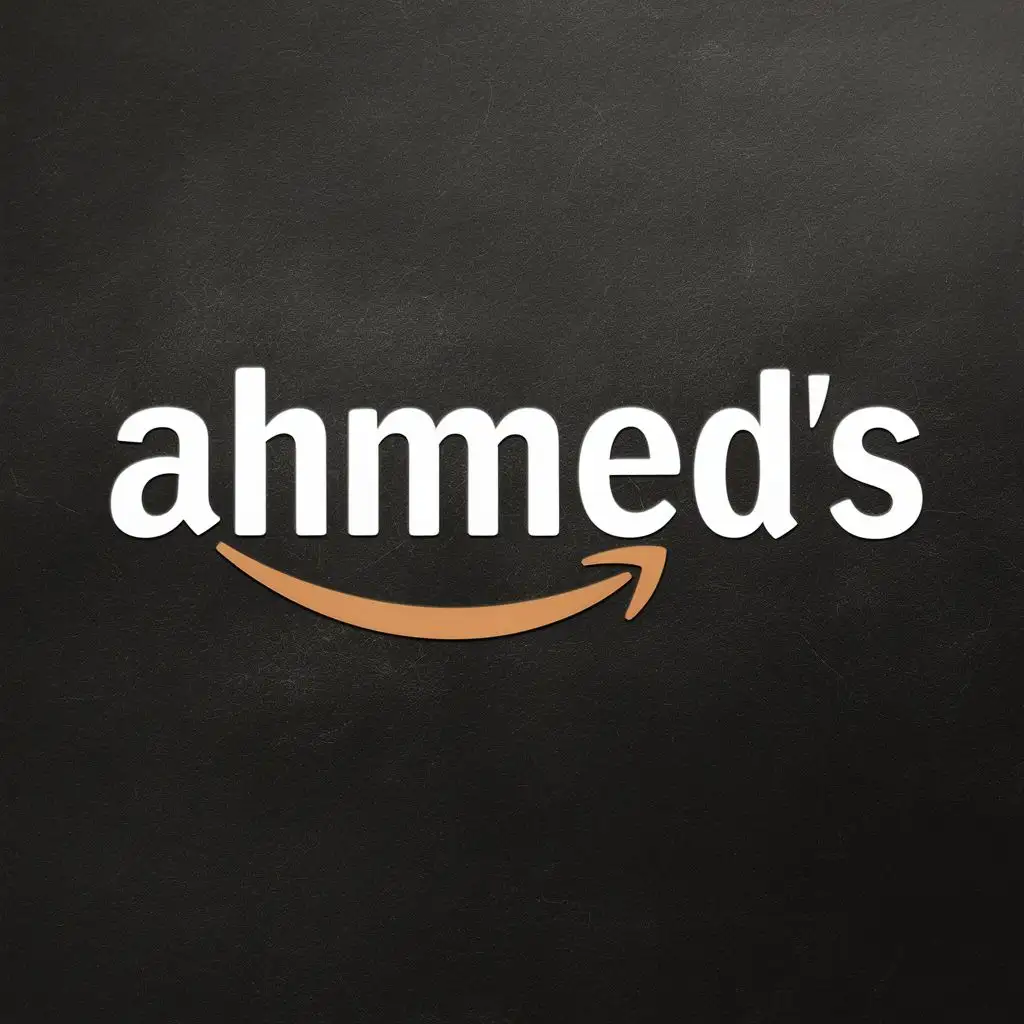 logo, amazon arrow at bottom of the name, with the text ""Design a logo for 'Ahmed's Shop' inspired by the iconic design elements of Amazon's logo. The logo should evoke a sense of reliability, trustworthiness, and innovation, reflecting the modern era of online shopping. Incorporate a small shopping cart icon alongside the business name 'Ahmed's Shop', utilizing a sleek and modern font to add sophistication. Experiment with modern color palettes such as muted pastels, sophisticated neutrals, or bold, vibrant hues to create a visually striking design. Ensure the logo is versatile and adaptable for various digital and print mediums, maintaining its impact and appeal across all platforms."", typography