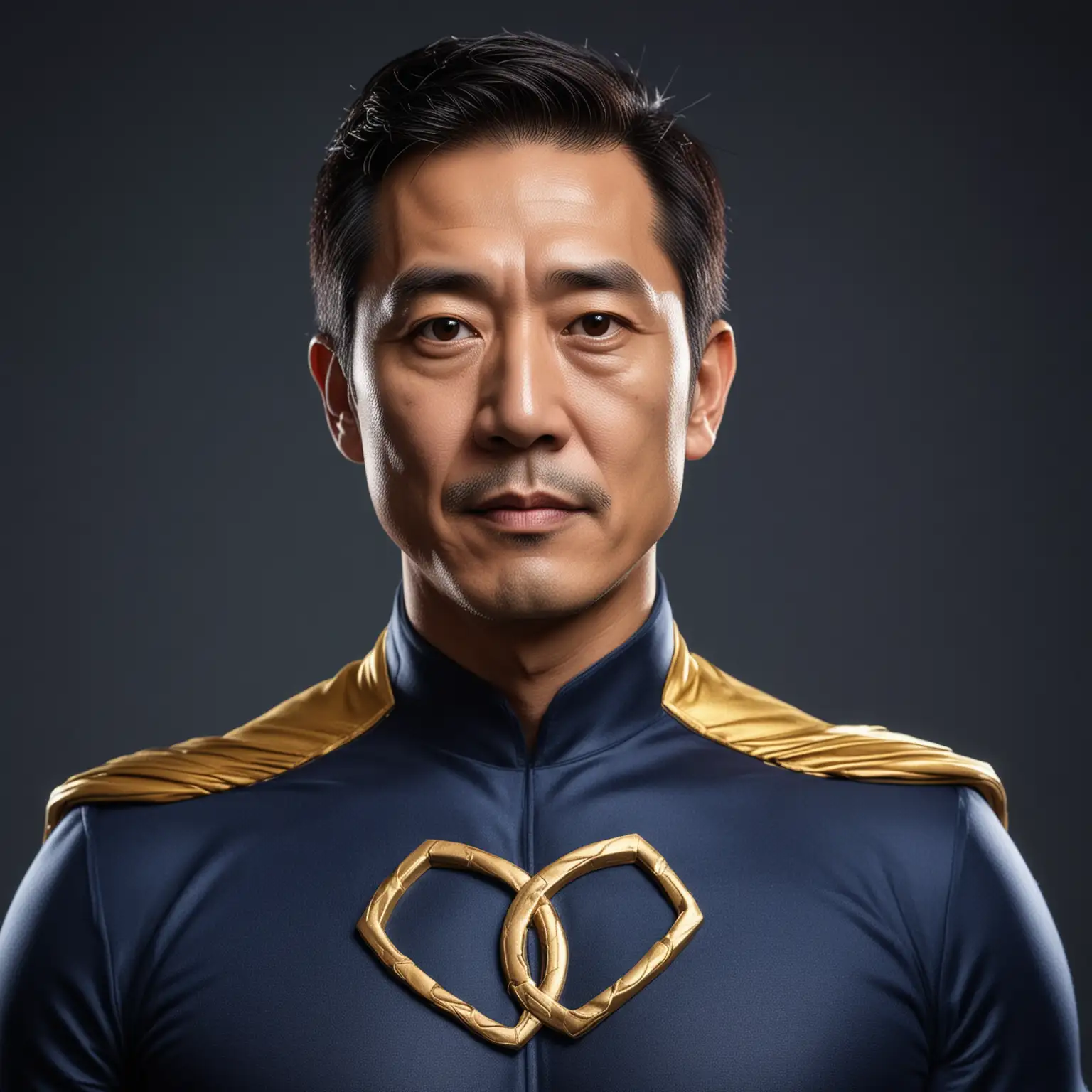 Create a headshot of an oriental middle aged oriental man who is the Partnership Development Manager 
 in dark blue and gold superhero clothes cinematic Marvel style with a infinity symbol on the chest
