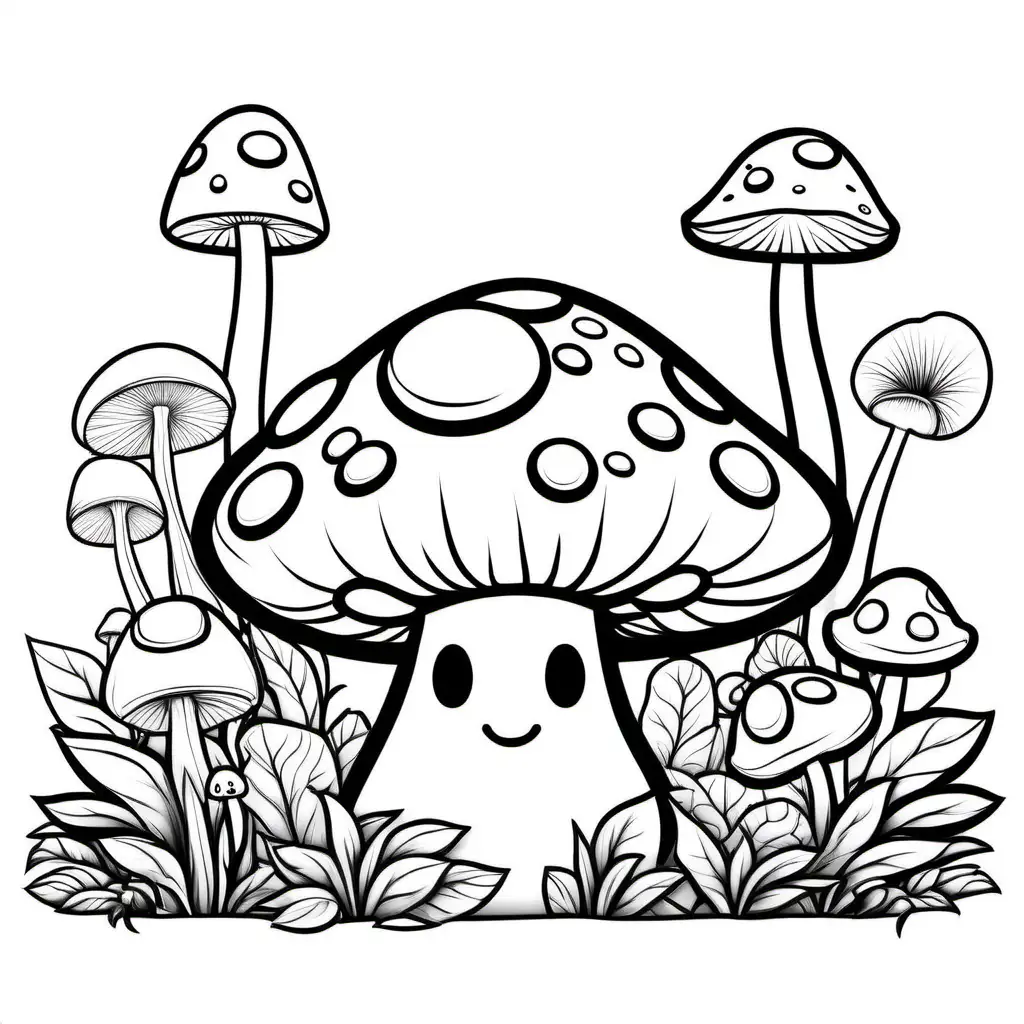 kawaii mushroom happy in the garden preparing for a tea party, Coloring Page, black and white, line art, white background, Simplicity, Ample White Space. The background of the coloring page is plain white to make it easy for young children to color within the lines. The outlines of all the subjects are easy to distinguish, making it simple for kids to color without too much difficulty