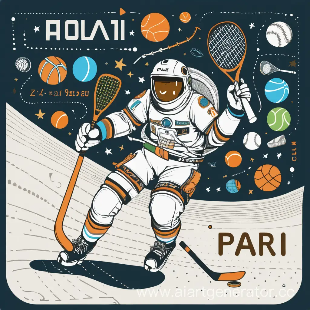 человек в космосе в полёте и потоке коэффициэнтов, цифр,мячей, шайб, хоккейных клюшек, теннисных ракеток с надписью на шлеме PARI