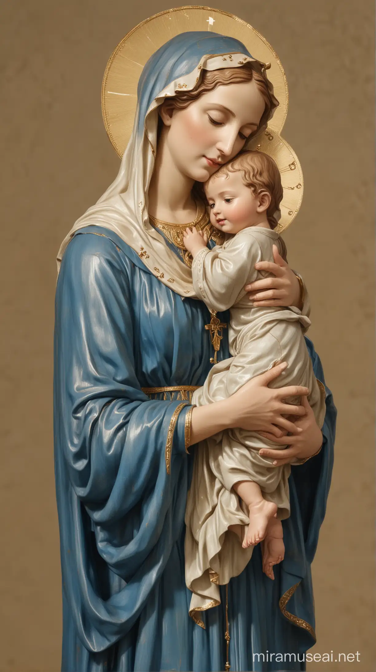 Our Lady, dressed in a blue dress, hugging a baby