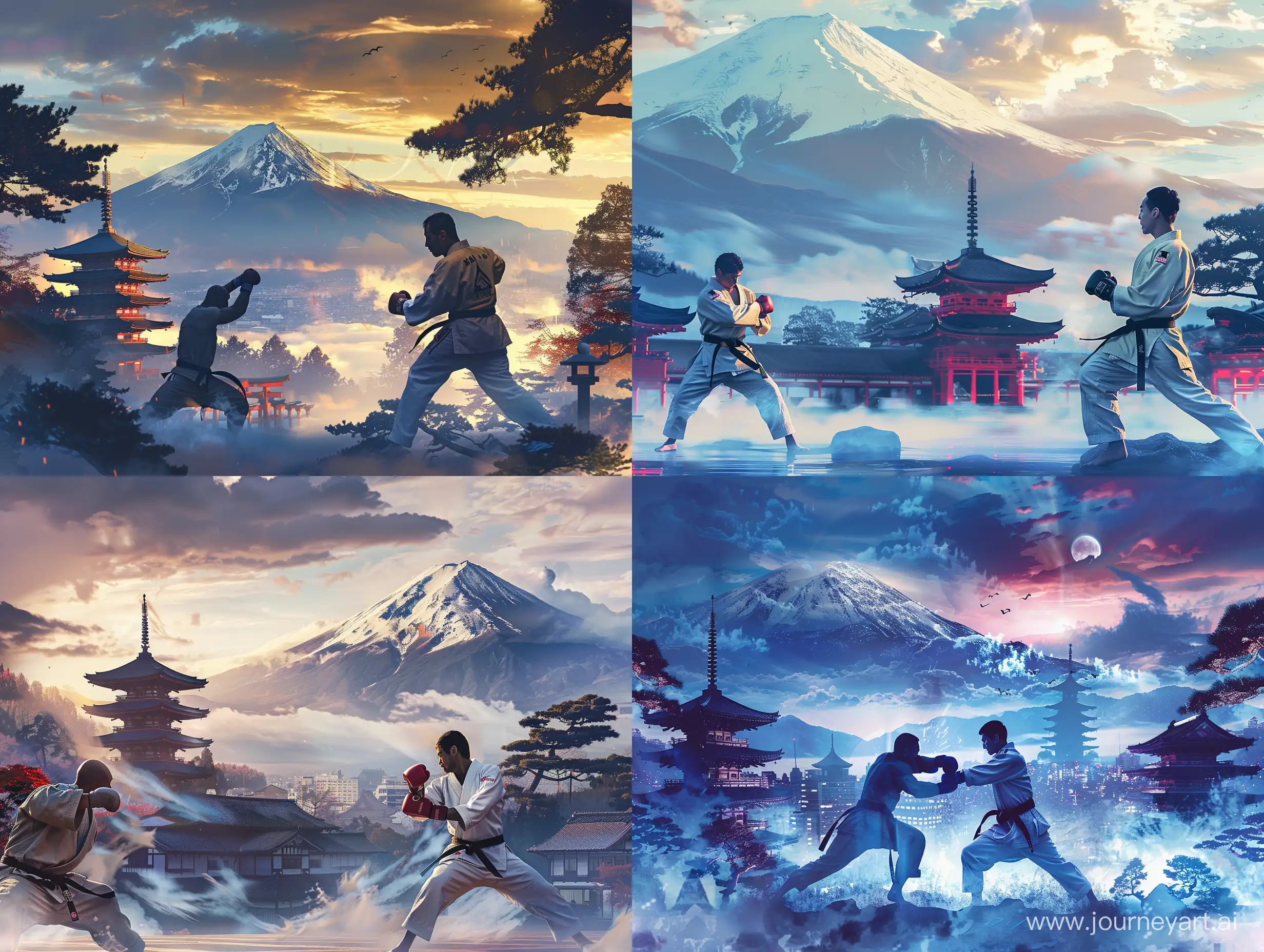 image of a karate fighter fighting with the opponent in the foreground, mountain and traditional japanese buildings in the background, digital art, competition wall banner