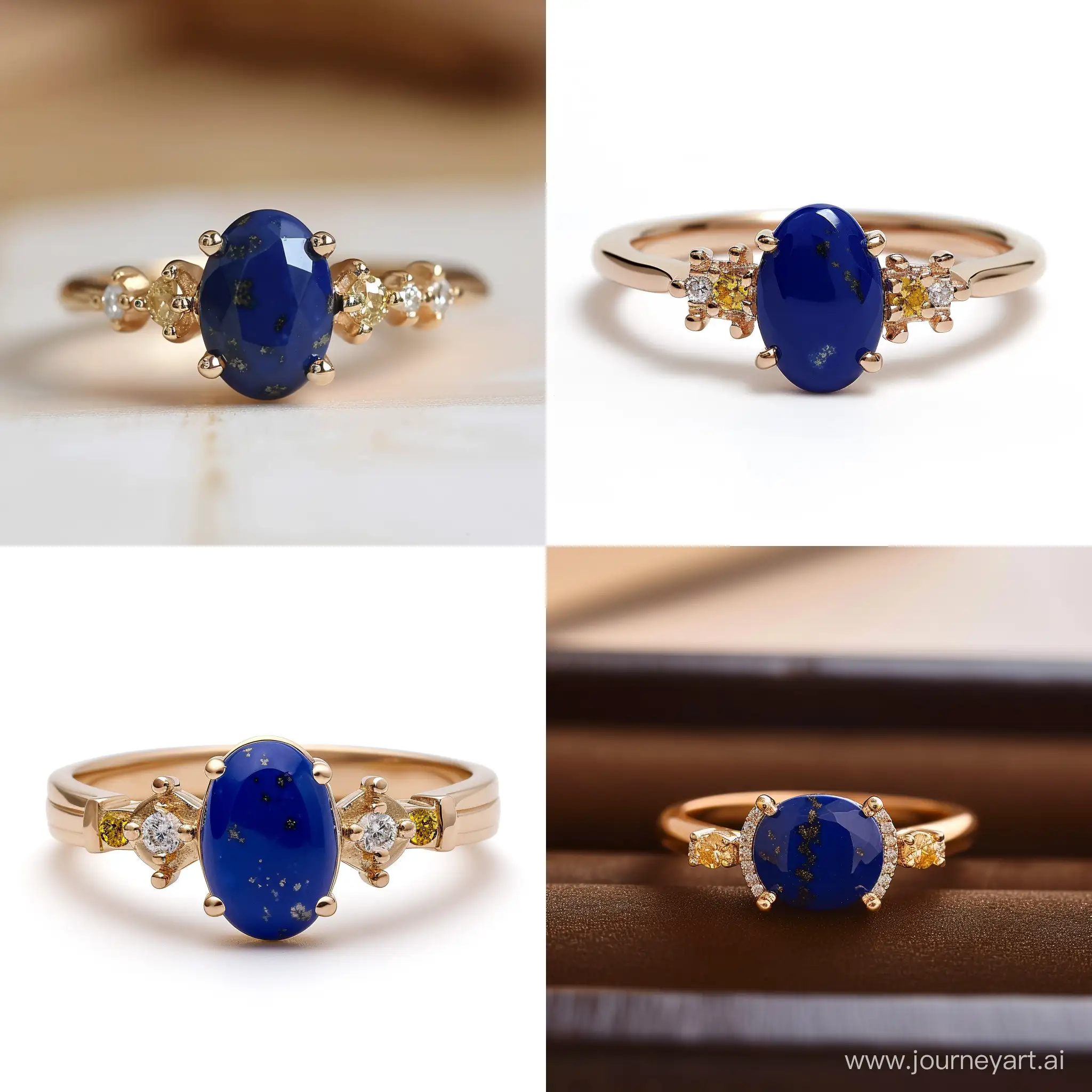 /imagine prompt gold ring with ovale cut lapis lazuli 2cm long and 1.5 cm wide and with small yellow diamonds on each side art déco style
