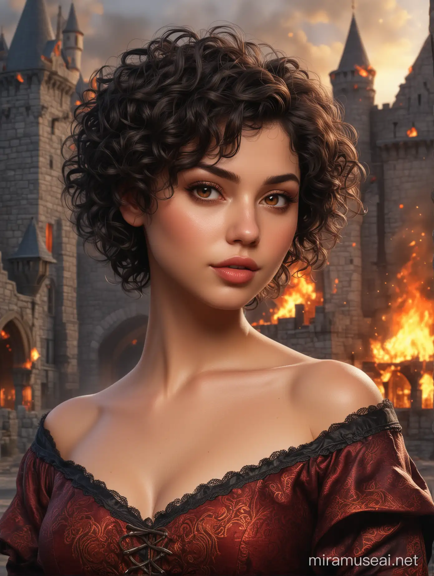 A photorealistic full-body picture of a beautiful female with short black curly hair, brown eyes, big lips, fire elementalist, background castle