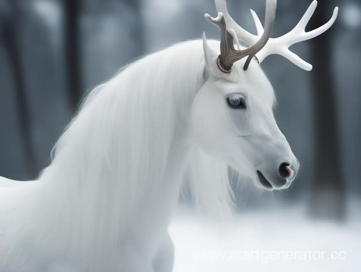белая лошадь с оленьими рогами белого цвета с пушистым хвостом