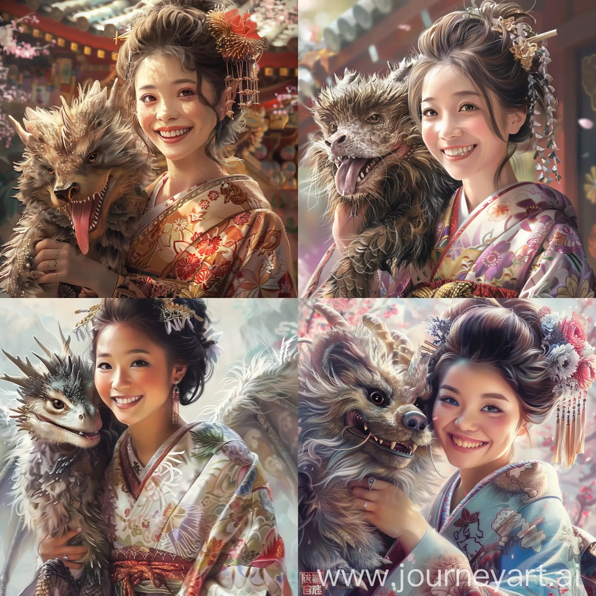 A highly detailed image of a beautiful Japanese woman in a kimono. She is smiling with her furry dragon companion. Beautiful magical mysterious fantasy surreal highly detailed