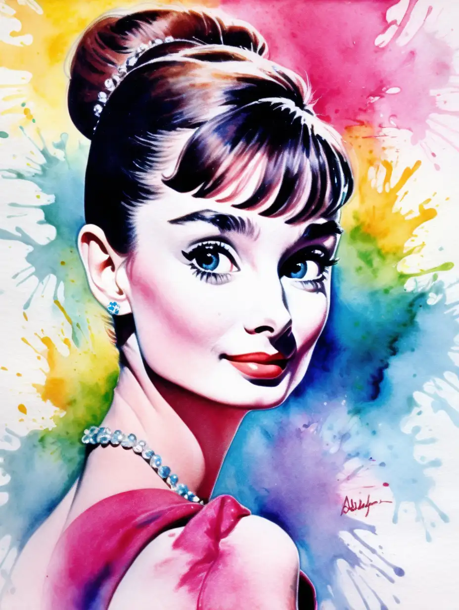 Audrey Hepburn Watercolor Portrait with Vibrant Colors