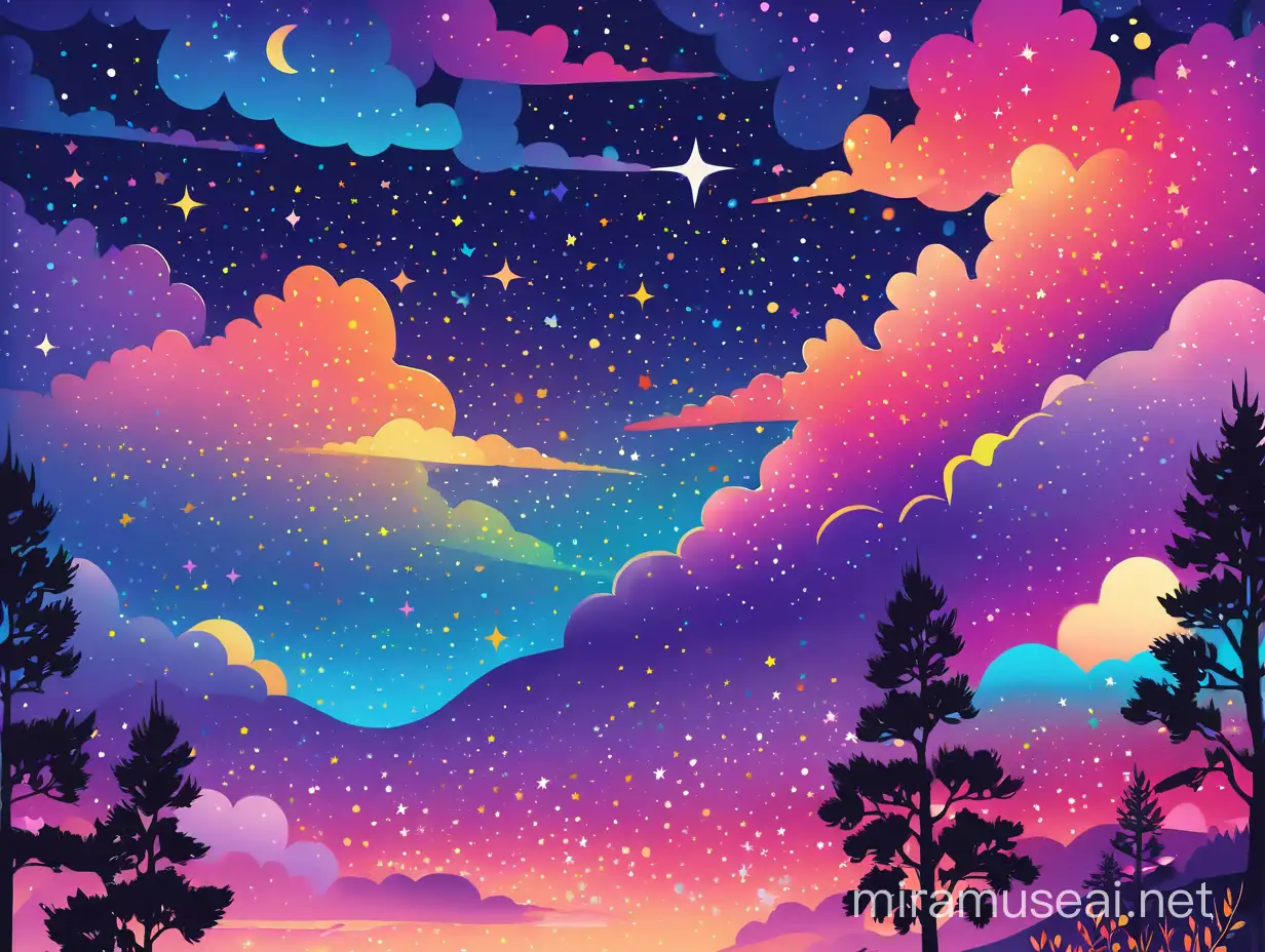 night starry sky, 
Digital illustration, Contemporary era, Vivid gradient colors