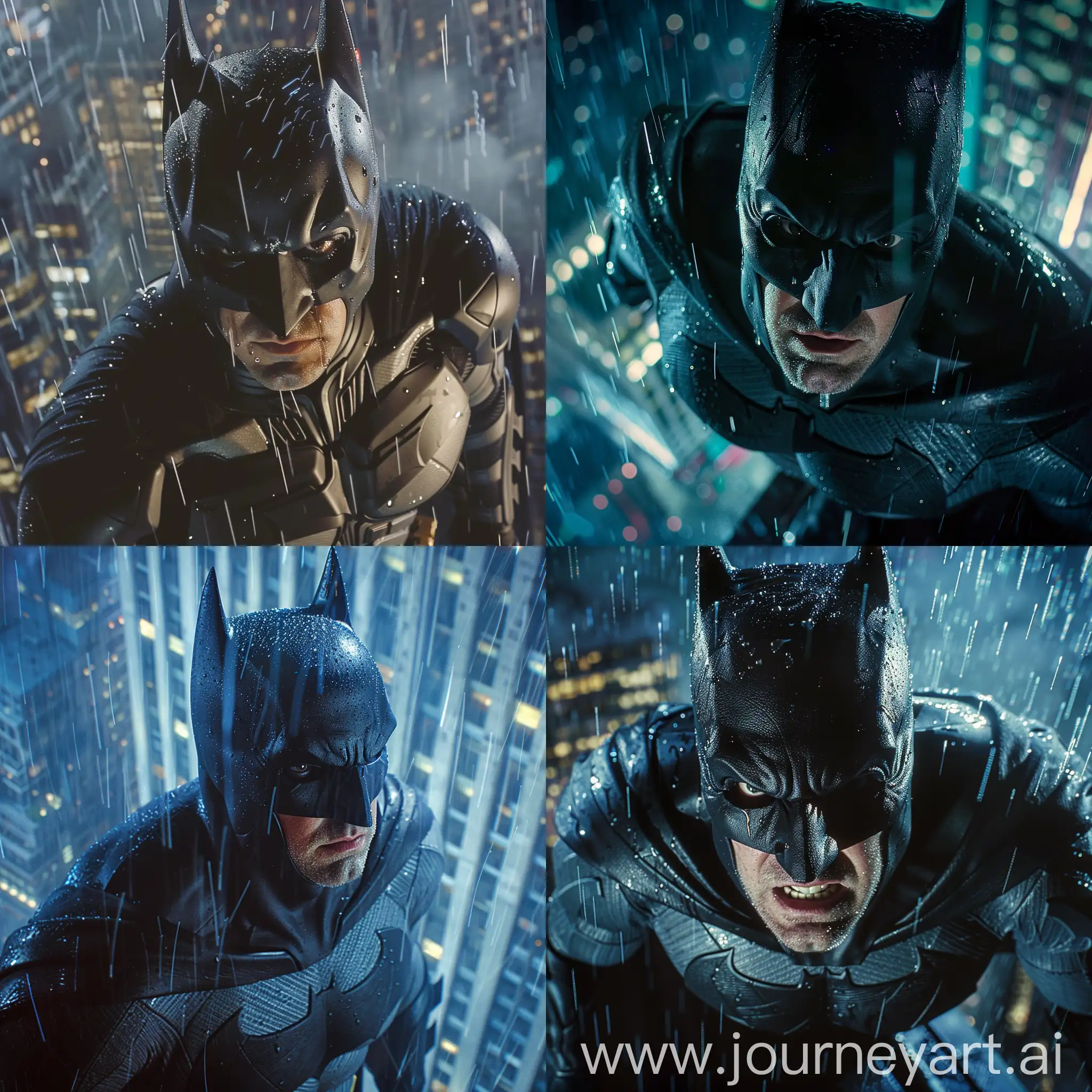 Batman Standing on top of skyscraper at night in the rain, raindrops running down his face and cowl,  extreme close up, cinematic