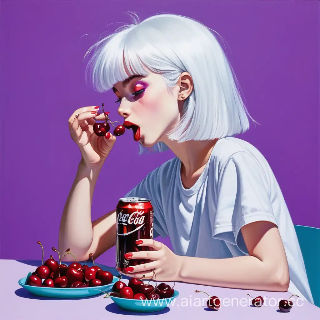 WhiteHaired-Girl-Enjoying-Cherries-beside-Cola-Can-on-Purple-Background