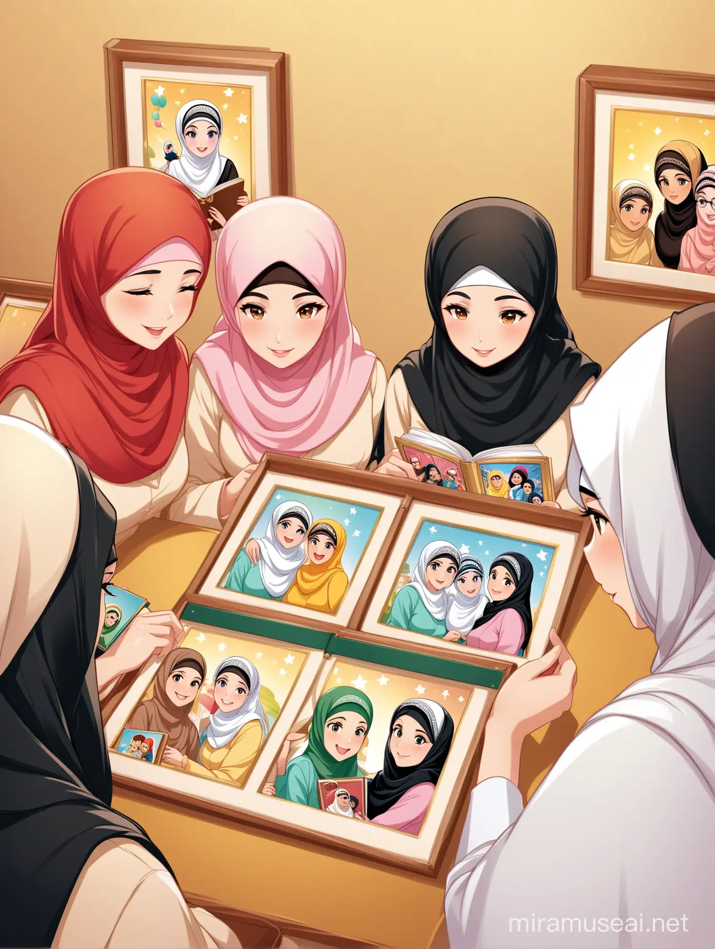 A group of Muslim women looking at photos and photo albums and photo frames in Disney cartoon format with customer club discount elements