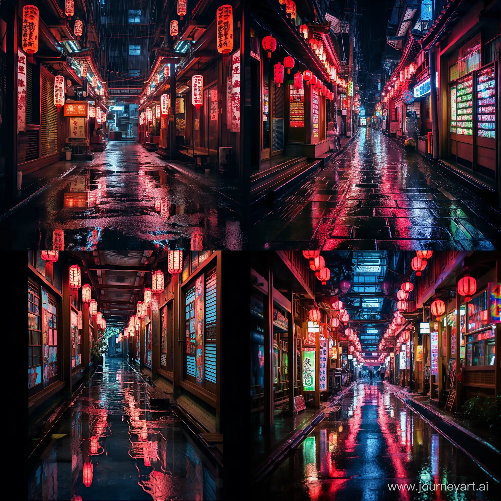a techno Japanese rainy neon alley, in a traditional old Japanese architecture style, extremely detailed, Letterboxed, photograph