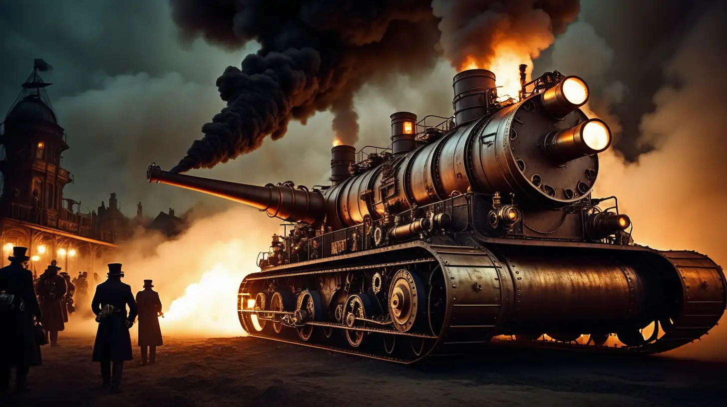 Steampunk war big steam tanks battle outside fire soft lights darkness  people
