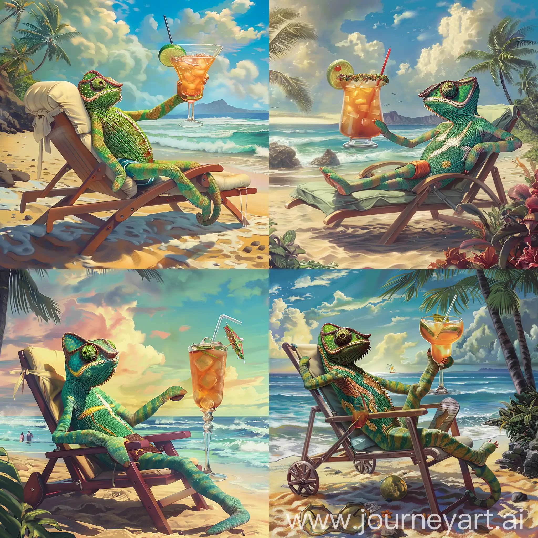 A chameleon with swimming trunks laying on an Hawaii beach in a lounge chair with a large cocktail 