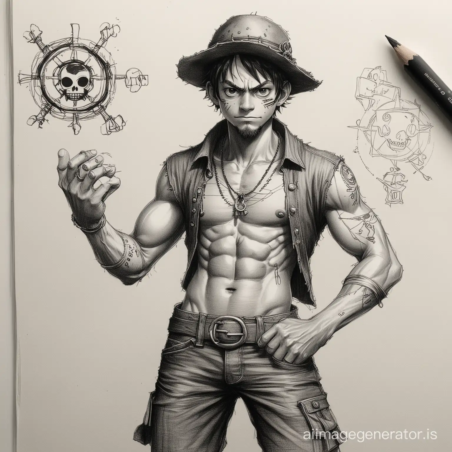 Sketchbook Style, Sketch book, hand drawn, dark, gritty, realistic sketch, Rough sketch, mix of bold dark lines and loose lines, bold lines, on paper, turnaround character sheet, anime pirate Monkey D. Luffy, full body, arcane symbols, runes, dark theme, Perfect composition golden ratio, masterpiece, best quality, 4k, sharp focus. Better hand, perfect anatomy.