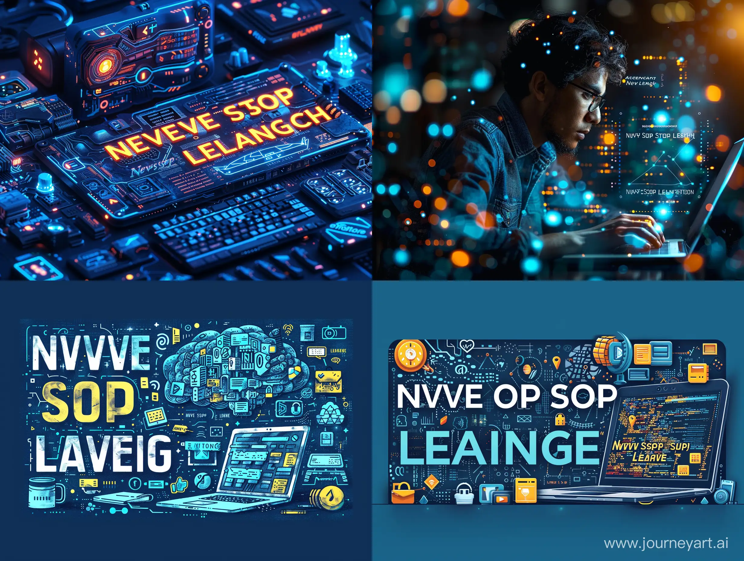 Generate an image for a LinkedIn profile cover. The image should have a technology or programming theme, representing the professional life of a software engineer and programmer. Incorporate elements like code snippets, a laptop, or other tech-related icons. The image should have a modern, clean aesthetic, with cool tones like blues and grays. Please include the phrase 'Never Stop Learning' prominently within the image. The text should be in a bold, easy-to-read font. --s 750 --v 6 --ar 4:3 --no 89993